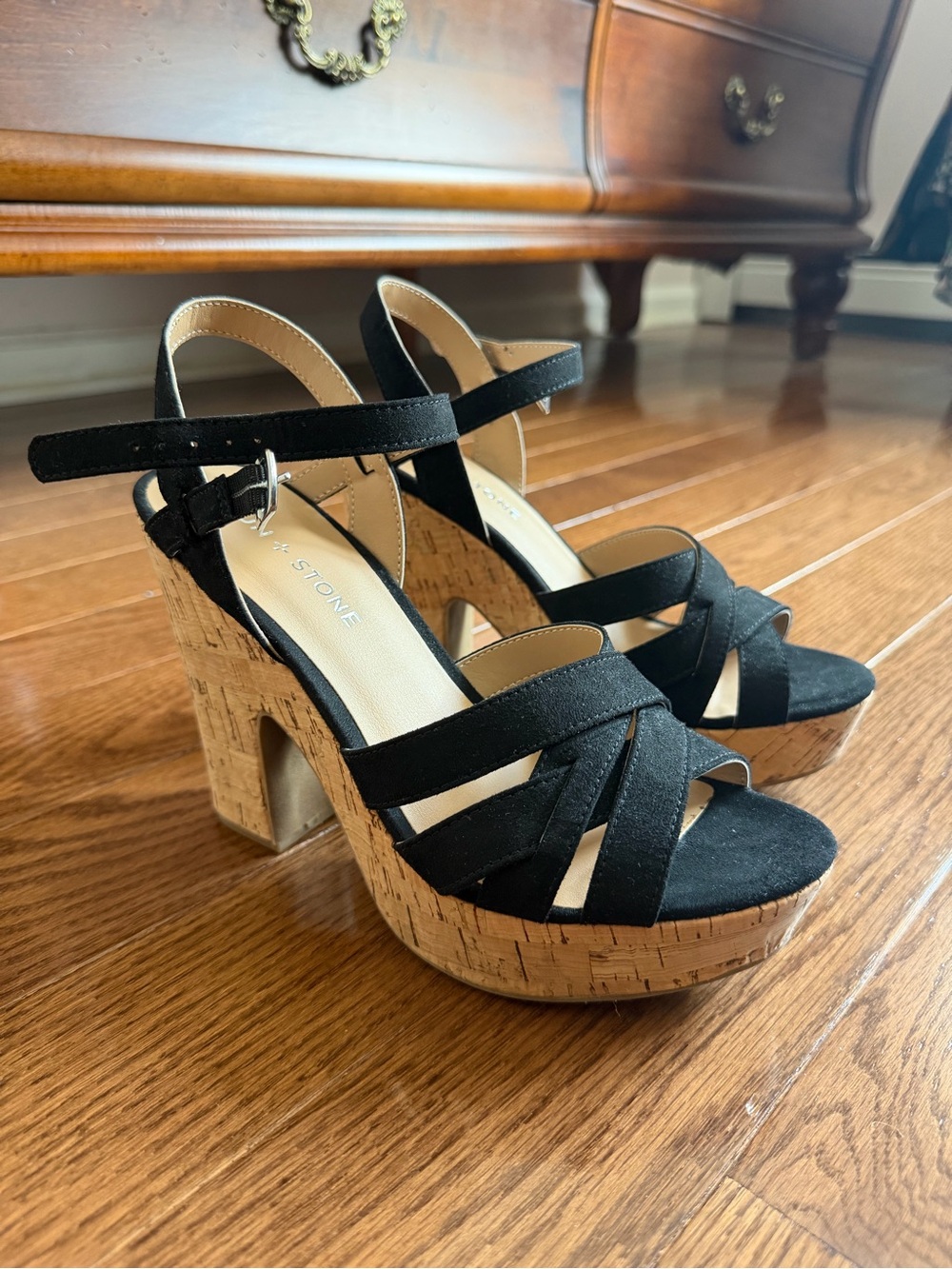 Sun + Stone Black Cork Platform Ankle-Strap Sandals